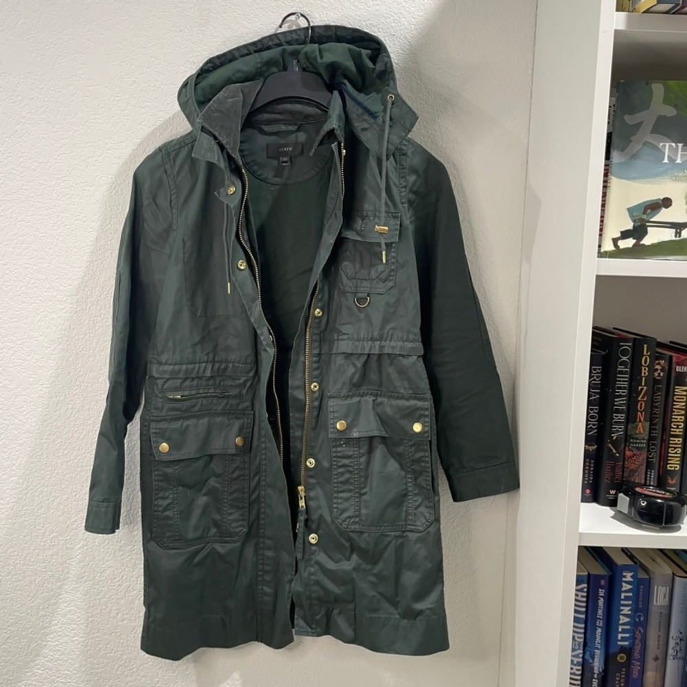 J. Crew XXS Olive Green Hooded Utility Anorak Rain Coat Jacket Waxed Canvas